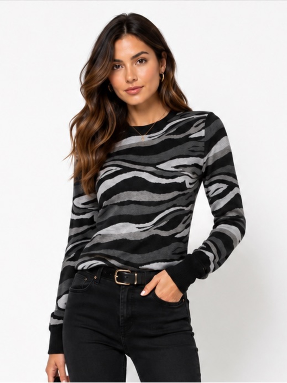 Equipment Femme Zebra Print Sweater Black Gray Crewneck Shoulder Zip Knit Top S